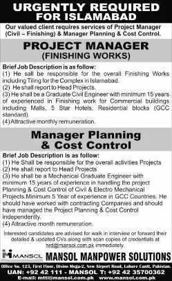 Manager Planning & Cost Control and Civil Engineering Jobs in Islamabad 2014 at Mansol Manpower Solutions