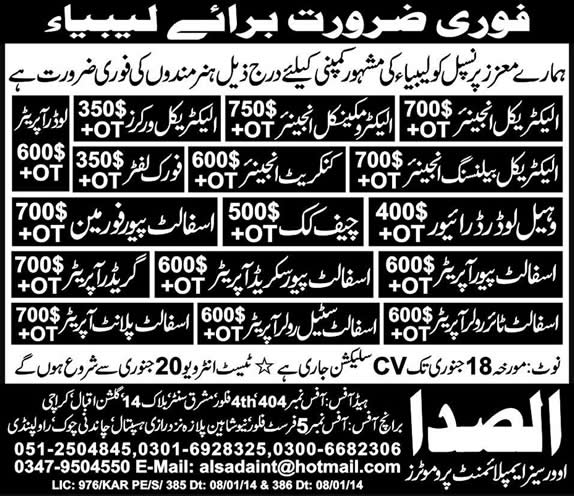 Jobs in Libya 2014 for Engineers, Drivers, Cook, Foreman, Machine Operators & Fork Lifters