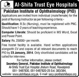Al Shifa Trust Eye Hospital Rawalpindi Jobs 2014 for Nursing Instructor
