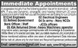 Engineers / Bank Officers / Ex. Army Officials / Drivers Job in Pakistan 2014