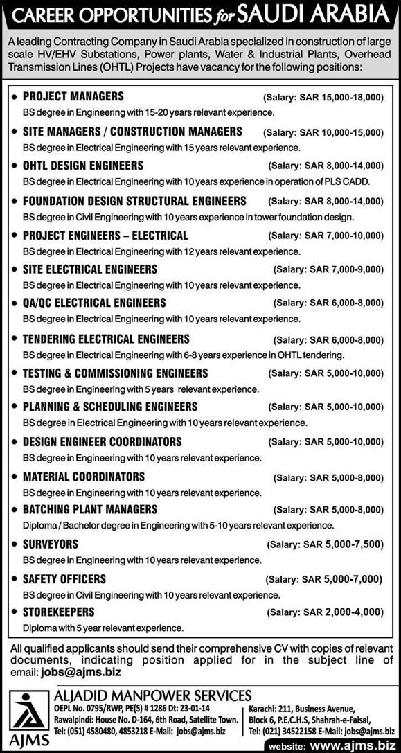 Engineering Jobs in Saudi Arabia 2014 for Pakistanis through Al-Jadid Manpower Service