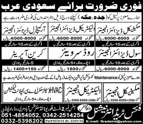 Engineers, Crane Operator & Technician Jobs in Saudi Arabia 2014 for Pakistanis Through Fix Trade International