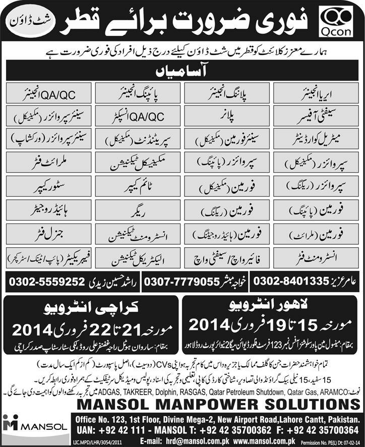 Shutdown Jobs in Qatar 2014 February through Mansol Manpower Solutions