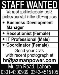 Business Development Manager, Receptionist, IT Professional, Coordinator Jobs in Lahore 2014 February at AZ Manpower