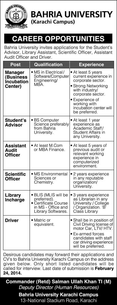 Bahria University Karachi Jobs 2014 February for Manager, Student’s Advisor & Others