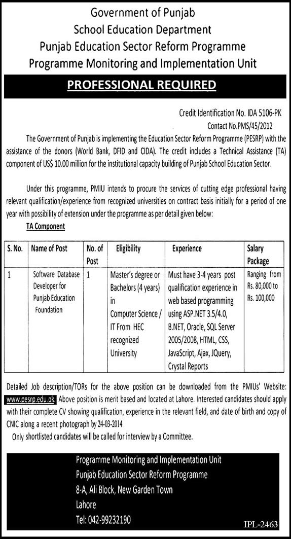 School Education Department Punjab Jobs 2014 March for Software Database Developer