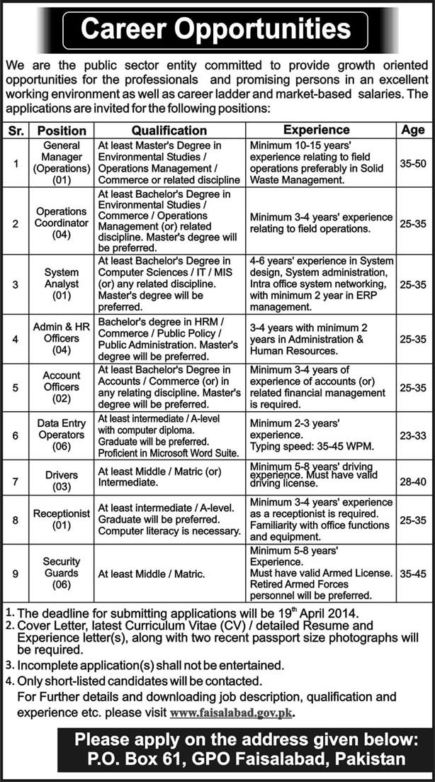 PO Box 61 GPO Faisalabad Jobs 2014 April in Public Sector Entity