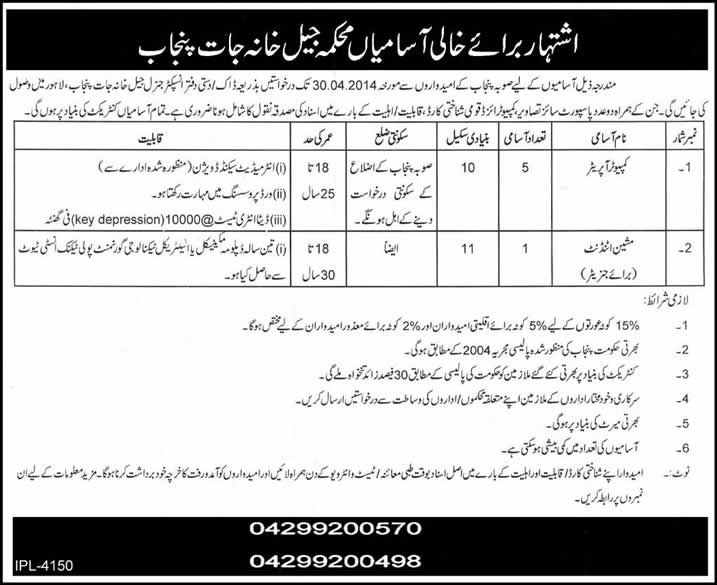 Punjab Prison Department Jobs 2014 April for Computer Operator & Machine Attendant