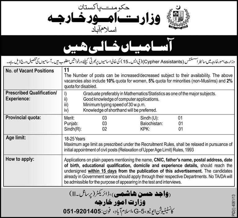 Ministry of Foreign Affairs Pakistan Jobs 2014 April for Cypher Assistants