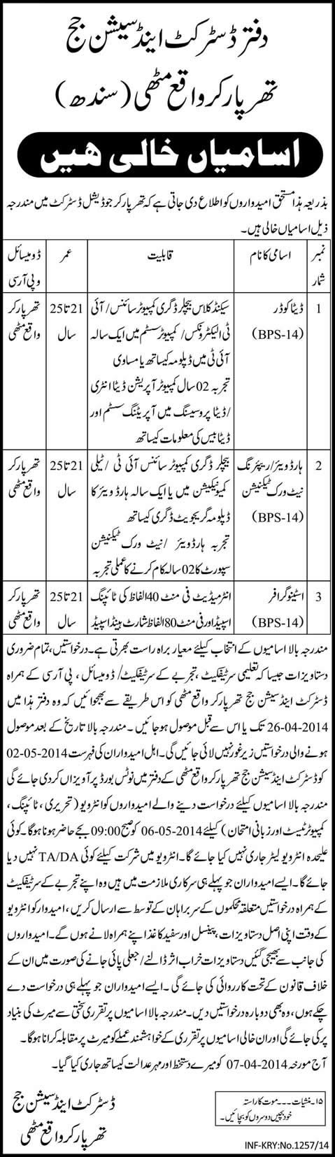 District and Session Court Tharparkar Jobs 2014 at Mithi