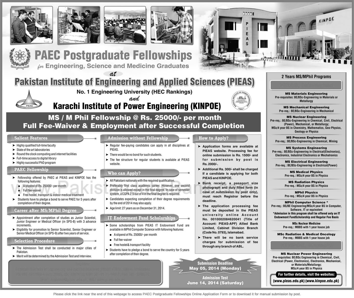 Pakistan Atomic Energy Commission Fellowships 2014 Postgraduate / MS