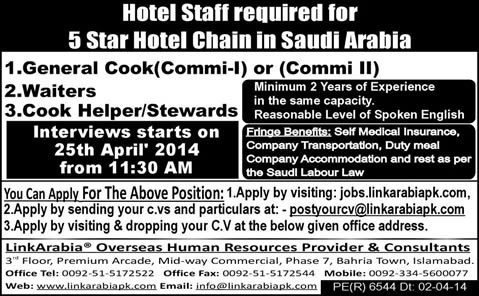 5 Star Hotel Jobs in Saudi Arabia 2014 April for Pakistanis