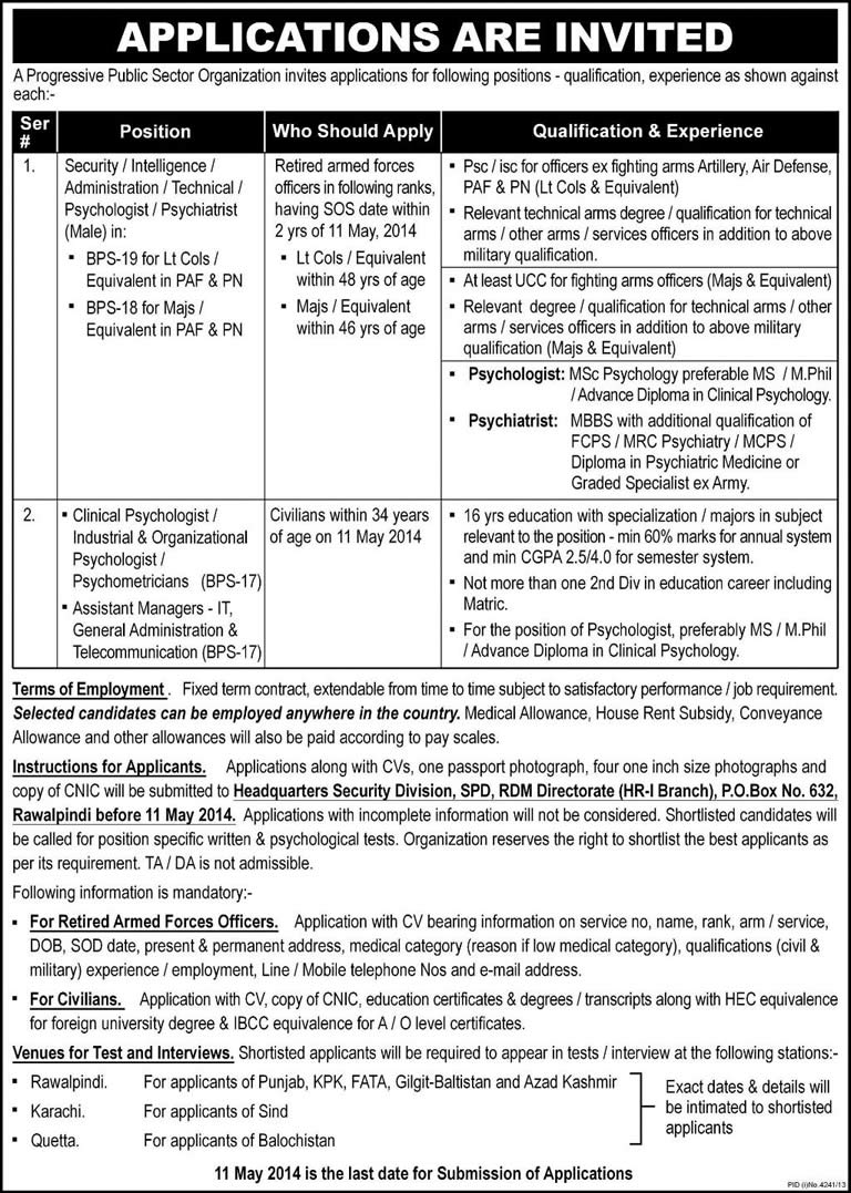 PO Box 632 Rawalpindi Jobs 2014 Headquarters Security Division, SPD, RDM Directorate