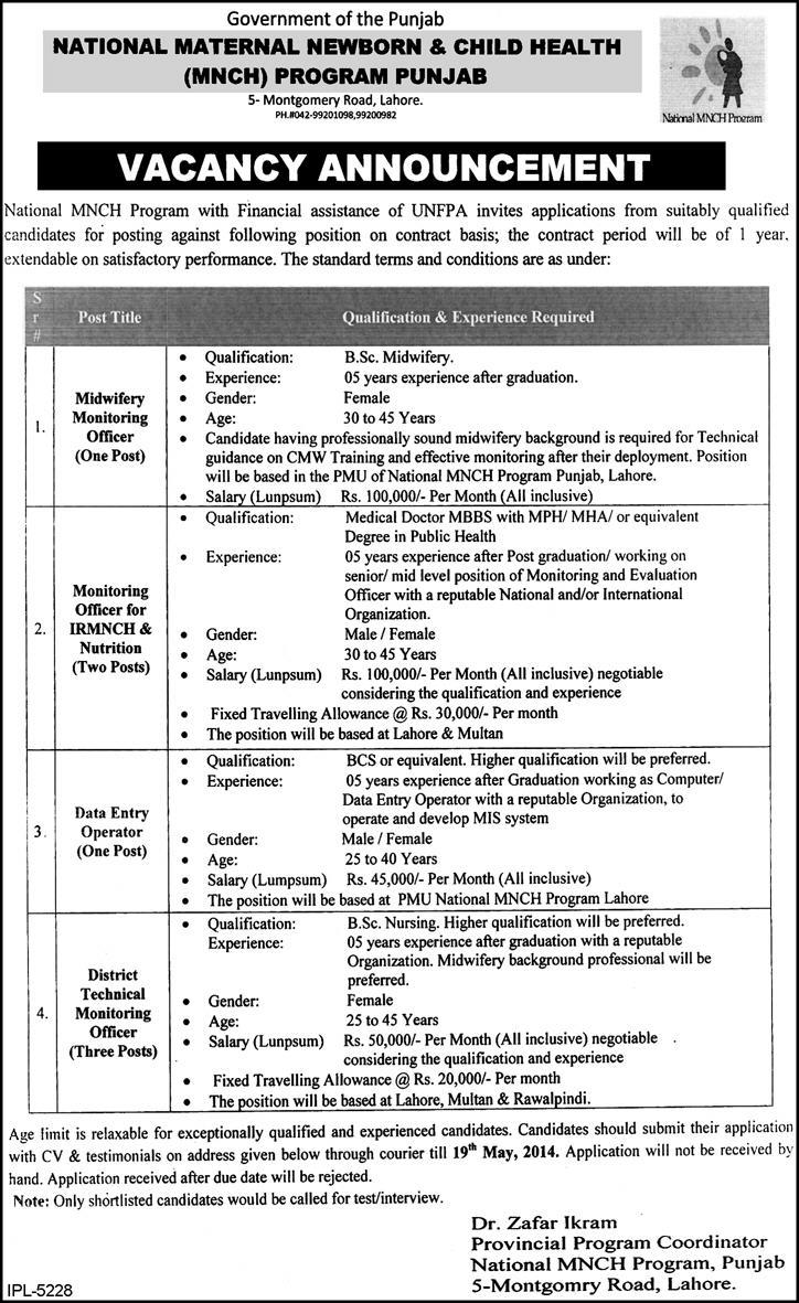 National MNCH Program Punjab Jobs 2014 May Latest