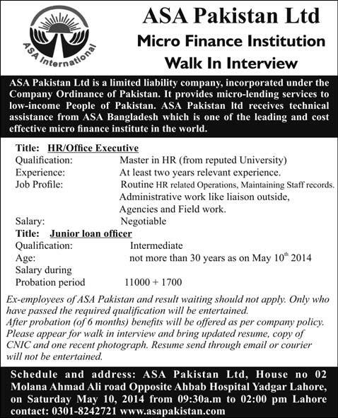 ASA Pakistan Jobs 2014 May for HR / Office Executive & Junior Loan Officer