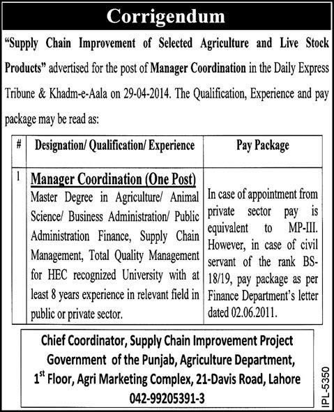 Corrigendum: Agriculture Department Punjab Jobs 2014 May for Manager Coordination