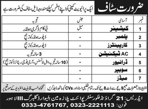 Latest Jobs in Lahore 2014 May for Cashier, Plumber, Carpenters, AC Technician, Driver, Sweeper & Maids