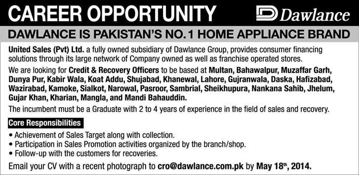 Dawlance Pakistan Jobs 2014 May for Credit & Recovery Officers at United Sales (Pvt.) Ltd