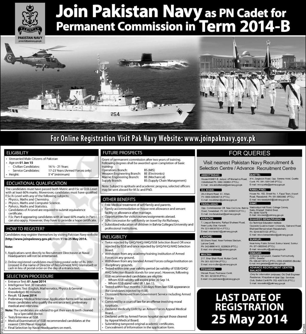 www.paknavy.gov.pk Online Registration 2014 May for PN Cadets in Term 2014-B