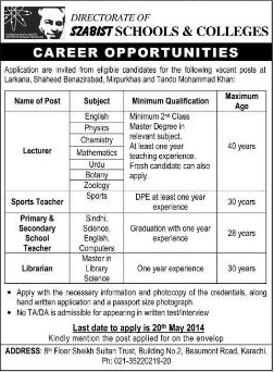 SZABIST Schools & Colleges Jobs 2014 May for Teaching Faculty & Non-Teaching Staff