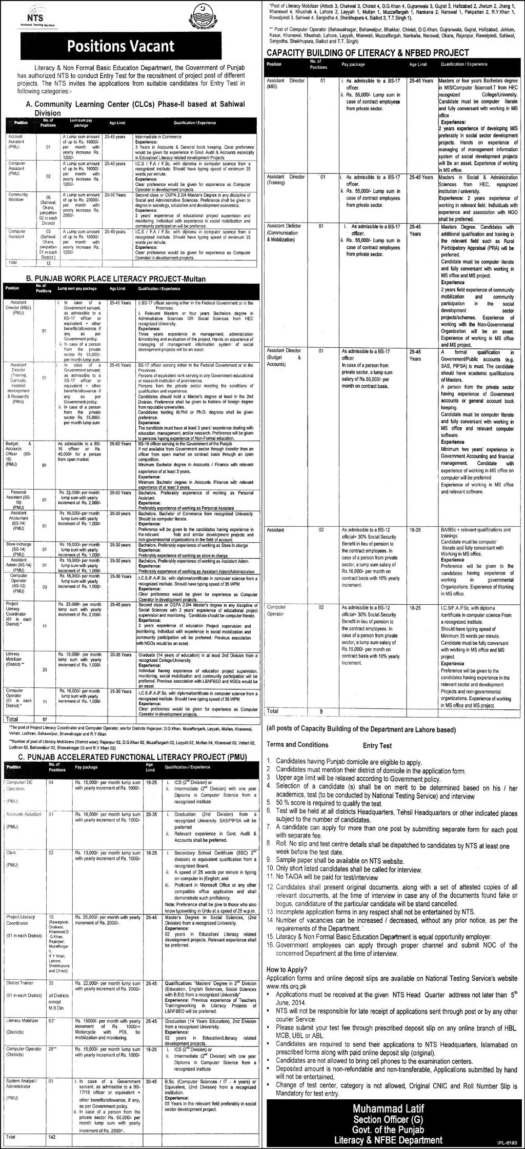 Literacy & Non Formal Basic Education Department Punjab Jobs 2014 May through NTS Entry Test