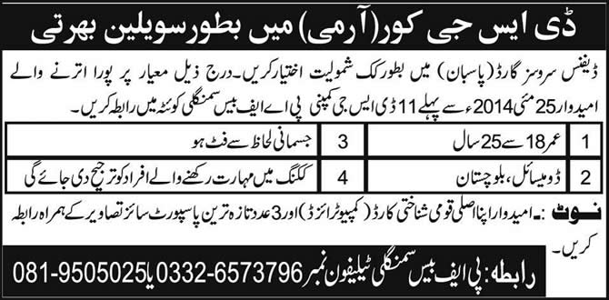 Pakistan Army DSG Jobs 2014 May for Cook