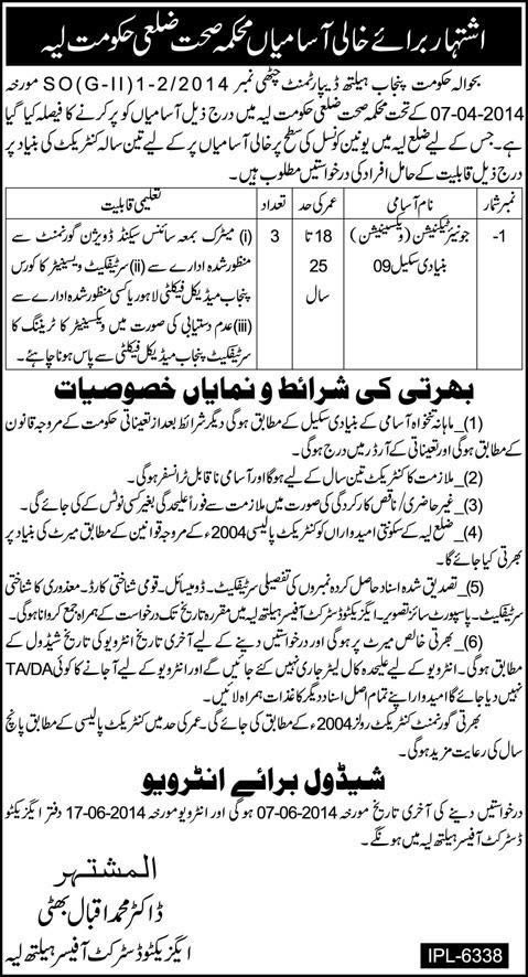 Junior Technician Jobs in Health Department Layyah 2014 May