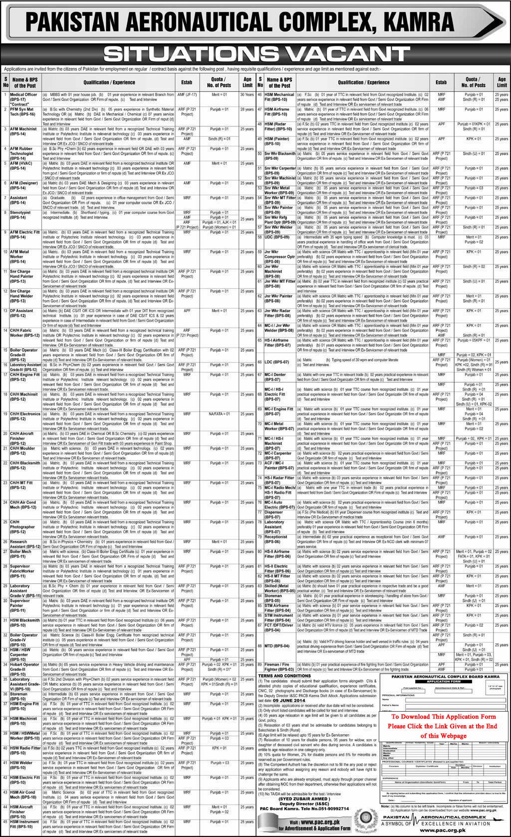 Pakistan Aeronautical Complex Kamra Jobs 2014 May Application Form Download