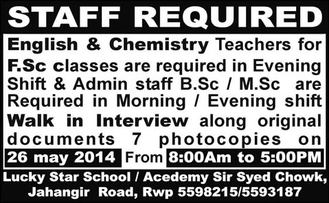 Lucky Star School / Academy Rawalpindi Jobs 2014 May for Teaching & Admin Staff