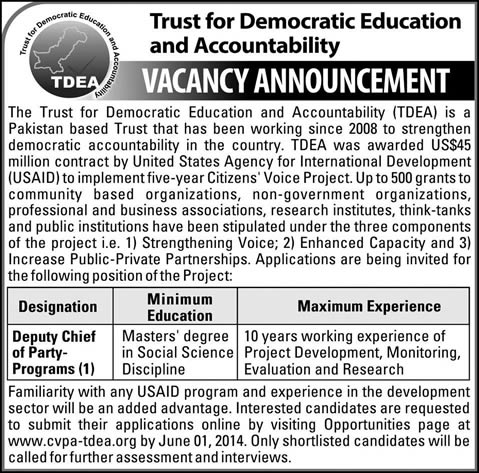 Trust for Democratic Education and Accountability TDEA Jobs 2014 May for Deputy Chief of Party Programs