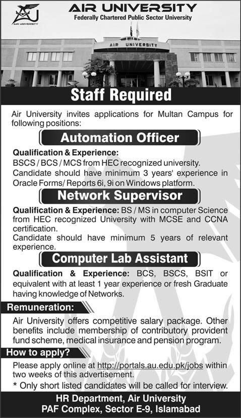 Air University Multan Campus Jobs 2014 May for Automation Officer, Network Supervisor & Computer Lab Assistant