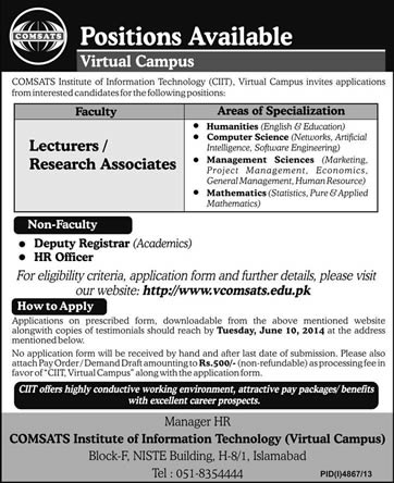 COMSATS Virtual Campus Jobs 2014 May for Lecturers & Research Associates