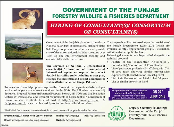 Wildlife and Fisheries Department Punjab Jobs 2014 May for Consultants