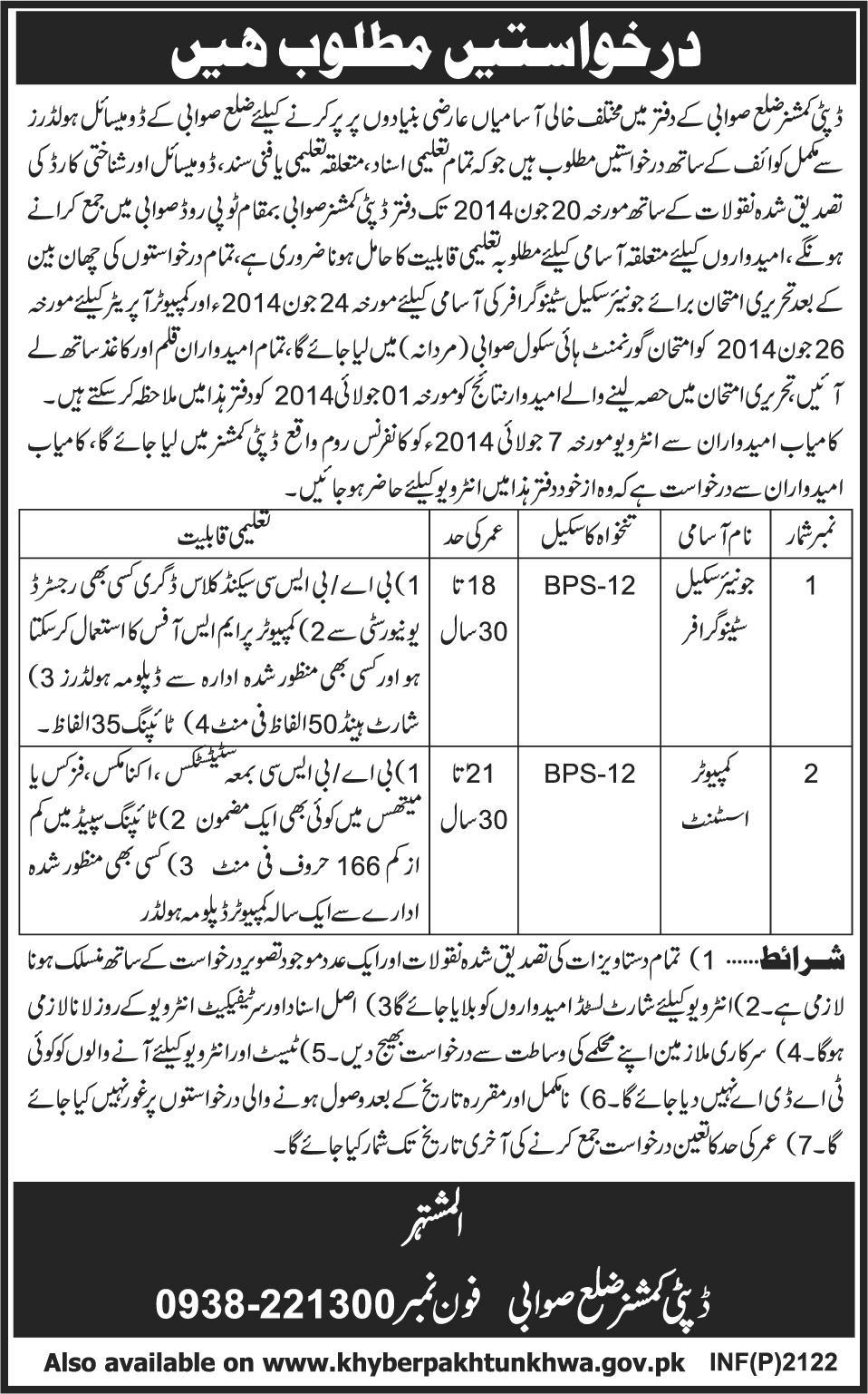 Junior Scale Stenographer & Computer Assistant Jobs in Swabi  KPK 2014 May / June in Office of Deputy Commissioner