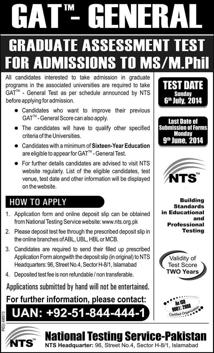 NTS GAT General Registration Form 2014 June / July for MS / M. Phil Admissions