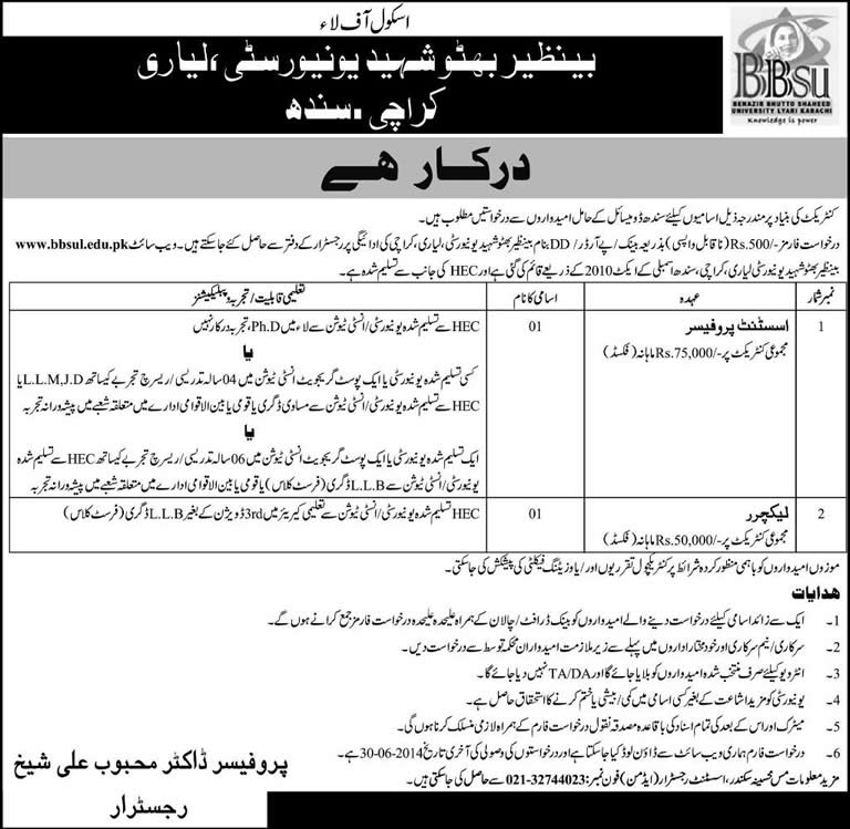 Benazir Bhutto Shaheed University Lyari Karachi Jobs 2014 June for Assistant Professor / Lecturer