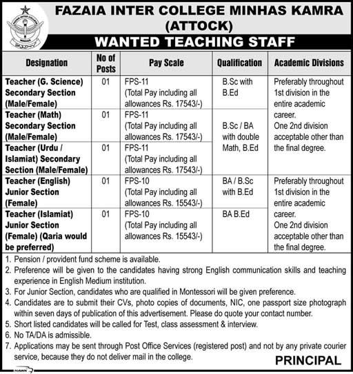 Fazaia Inter College Minhas Kamra Jobs 2014 June for Teaching Staff