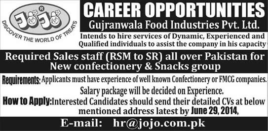 Gujranwala Food Industries Jobs 2014 June for Sales Managers / Representatives