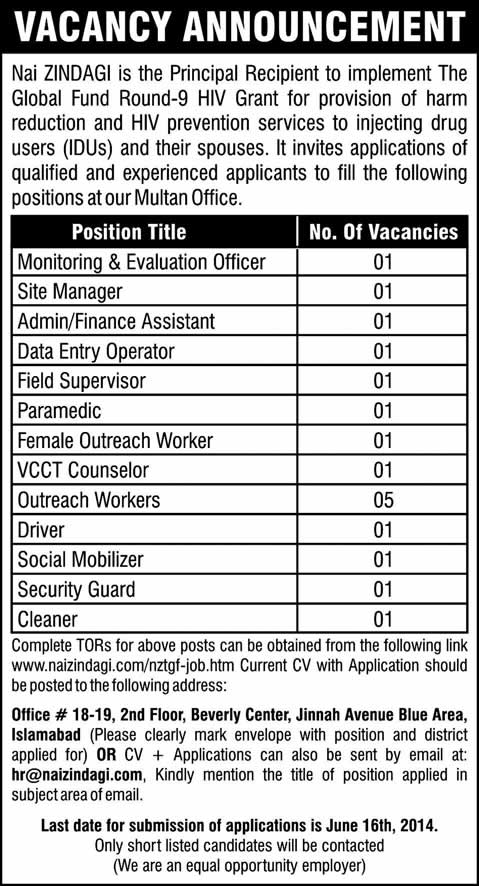 Nai Zindagi Trust Jobs 2014 June Latest Advertisement