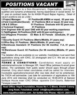 Hayat Foundation Jobs 2014 June Latest for WASH Project Bajaur Agency