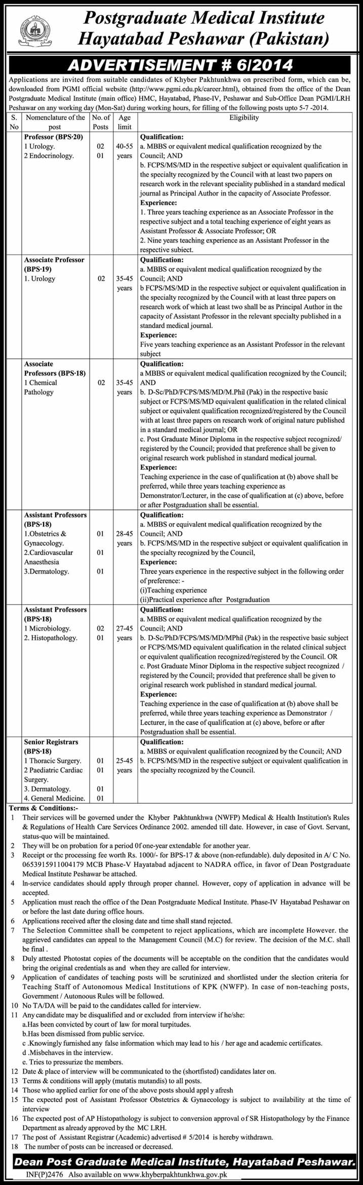 Postgraduate Medical Institute Hayatabad Peshawar Jobs 2014 June Latest for Medical Faculty