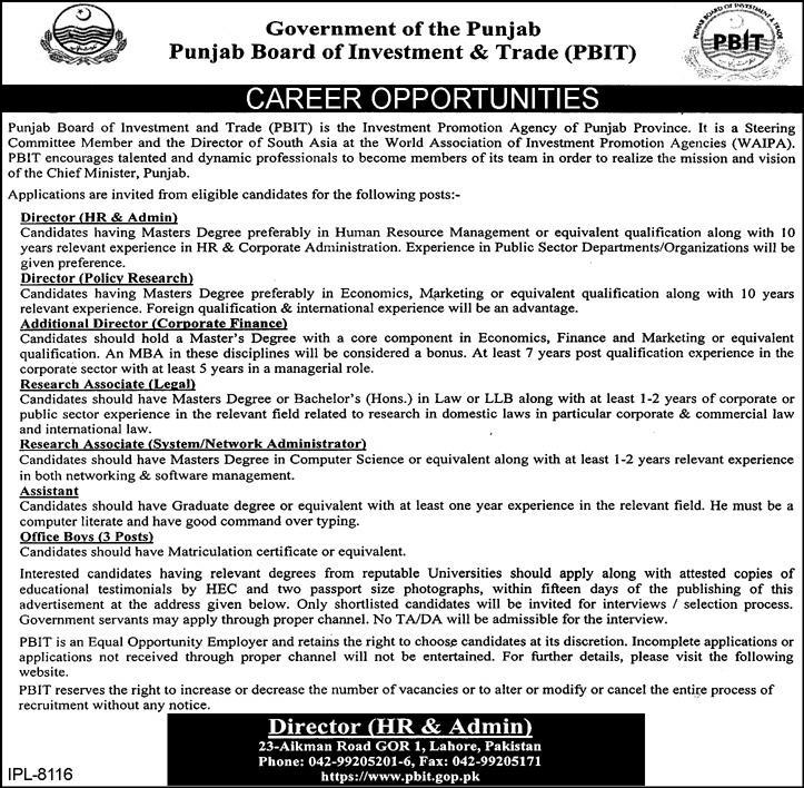 Punjab Board of Investment & Trade PBIT Jobs 2014 June Latest Advertisement