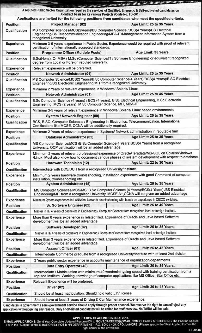 PO Box 405 GPO Lahore Jobs 2014 June in Public Sector Organization