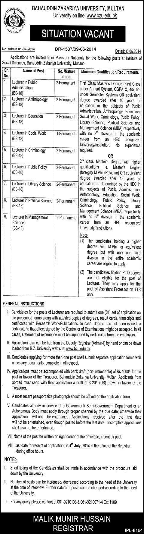 BZU Multan Jobs 2014 June for Lecturers in Institute of Social Sciences