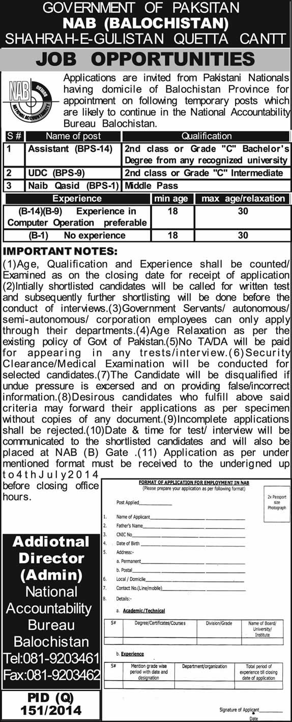 NAB Balochistan Jobs 2014 June for Assistant, Clerk & Naib Qasid