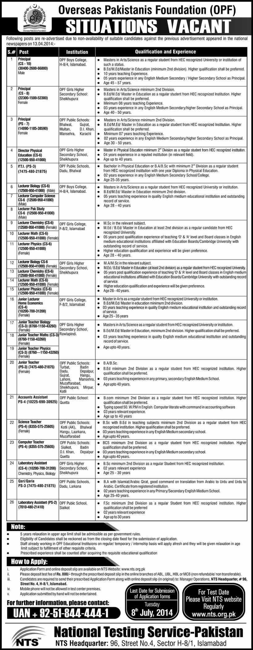 OPF School Jobs 2014 June NTS Latest Advertisement