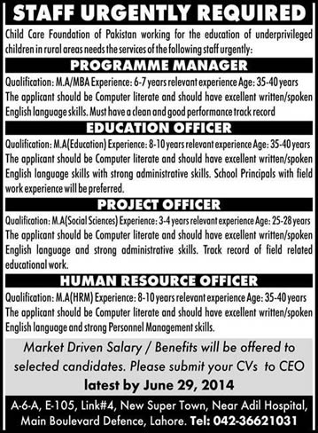 Child Care Foundation Lahore Jobs 2014 June for Programme Manager  & Education / Project / HR Officer