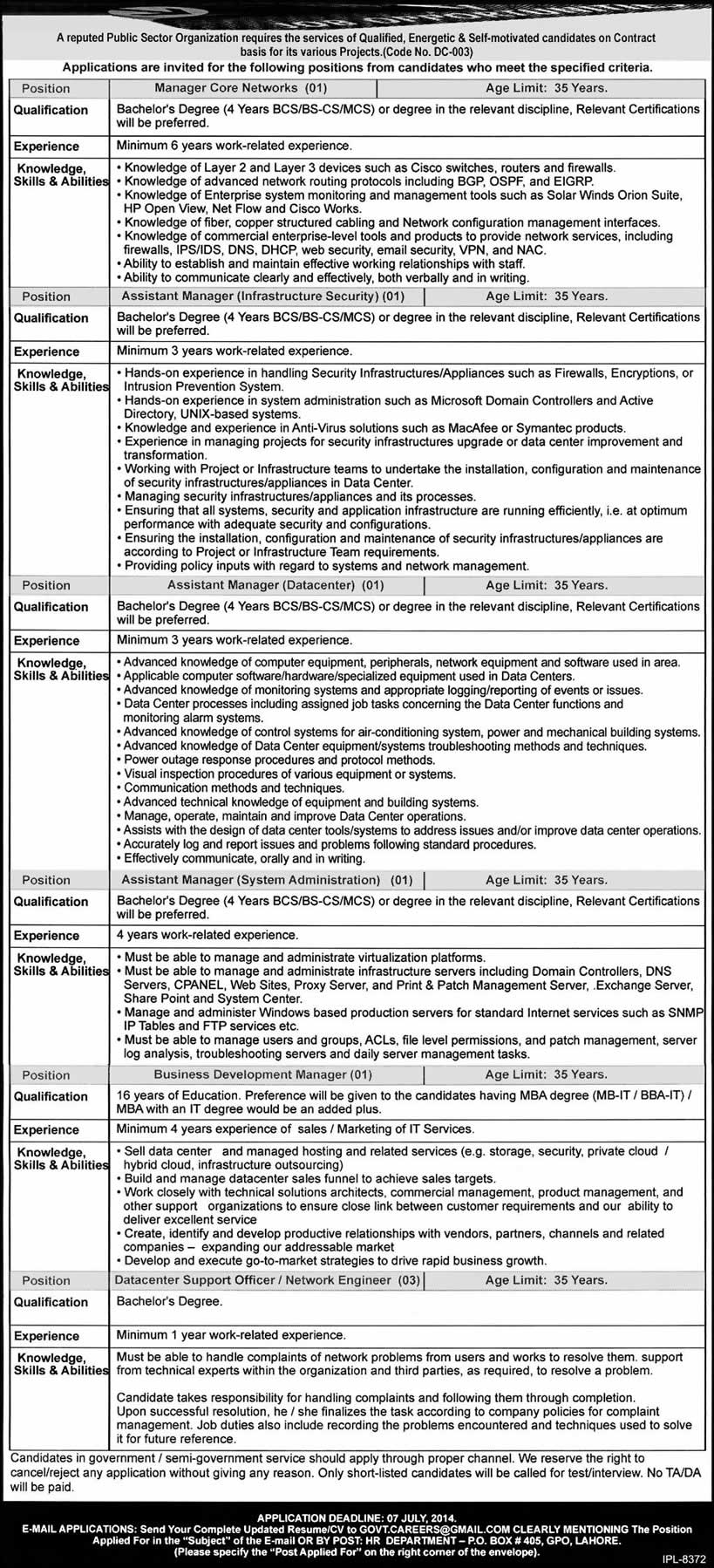 PO Box 405 GPO Lahore Jobs June 2014 in Government / Public Sector Organization