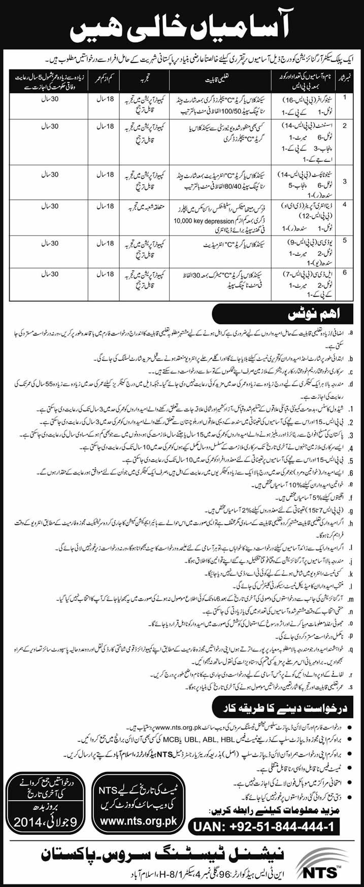 NTS Public Sector Organization Jobs 2014 June / July Latest Advertisement