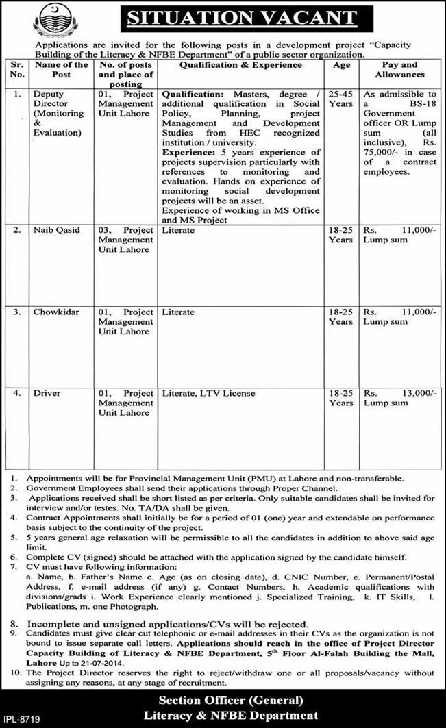 Literacy Department Punjab Jobs 2014 July Latest Literacy & NFBE Department